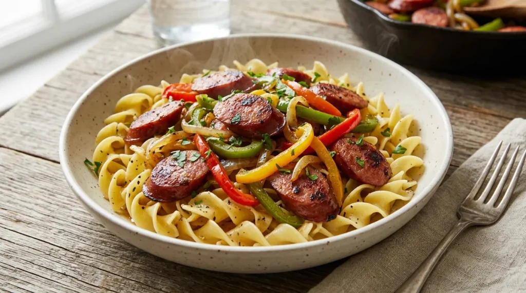 Kielbasa with Peppers and Onions Over Noodles