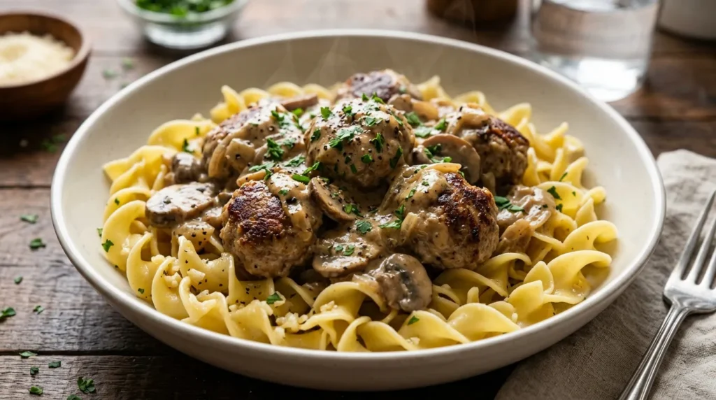 Easy Meatball Stroganoff with Buttered Garlic Noodles