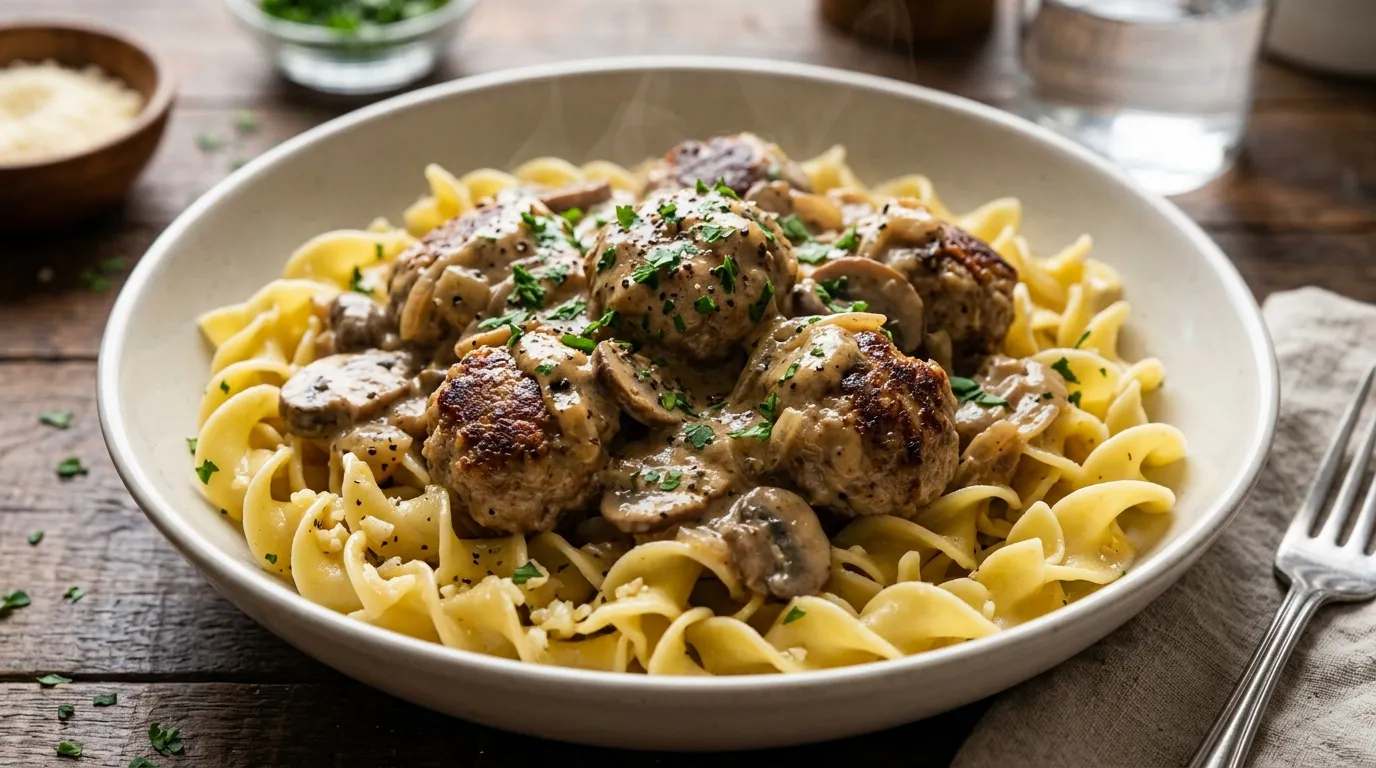 Easy Meatball Stroganoff with Buttered Garlic Noodles